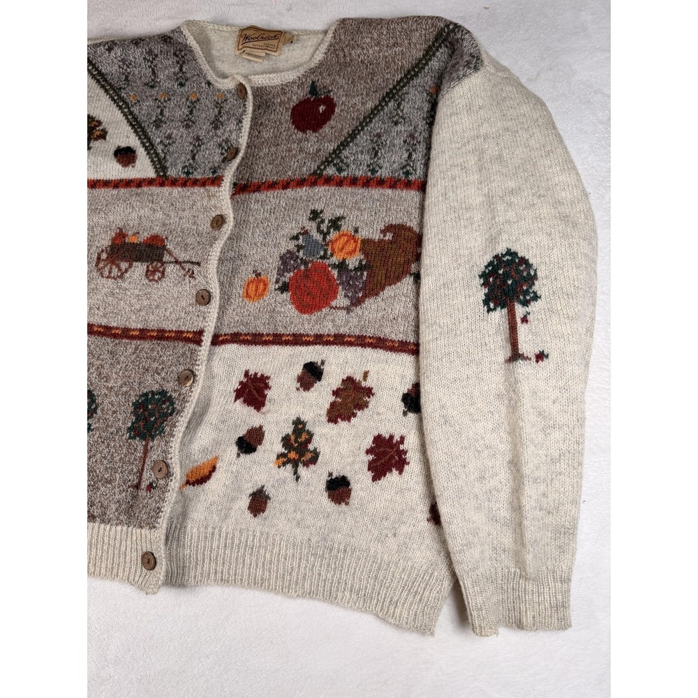 Woolrich Cardigan Sweater Womens Large Beige 100% Wool Fall Harvest Apple Knit - Picture 6 of 16